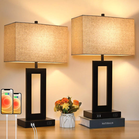 Norvo | Tobusa Set Of 2 Touch Control Table Lamps With Usb Ports, 3-Way Dimmable, Beige Shade
