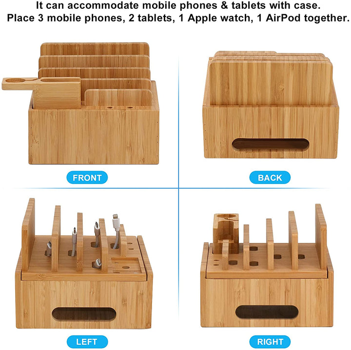 Norvo | Tekavo ChargeDock LadeStasjon laget av Bambus | 5-Port USB & Organizer | For Smarttelefon, Nettbrett & Smartklokke | Inkl. Kabelsett