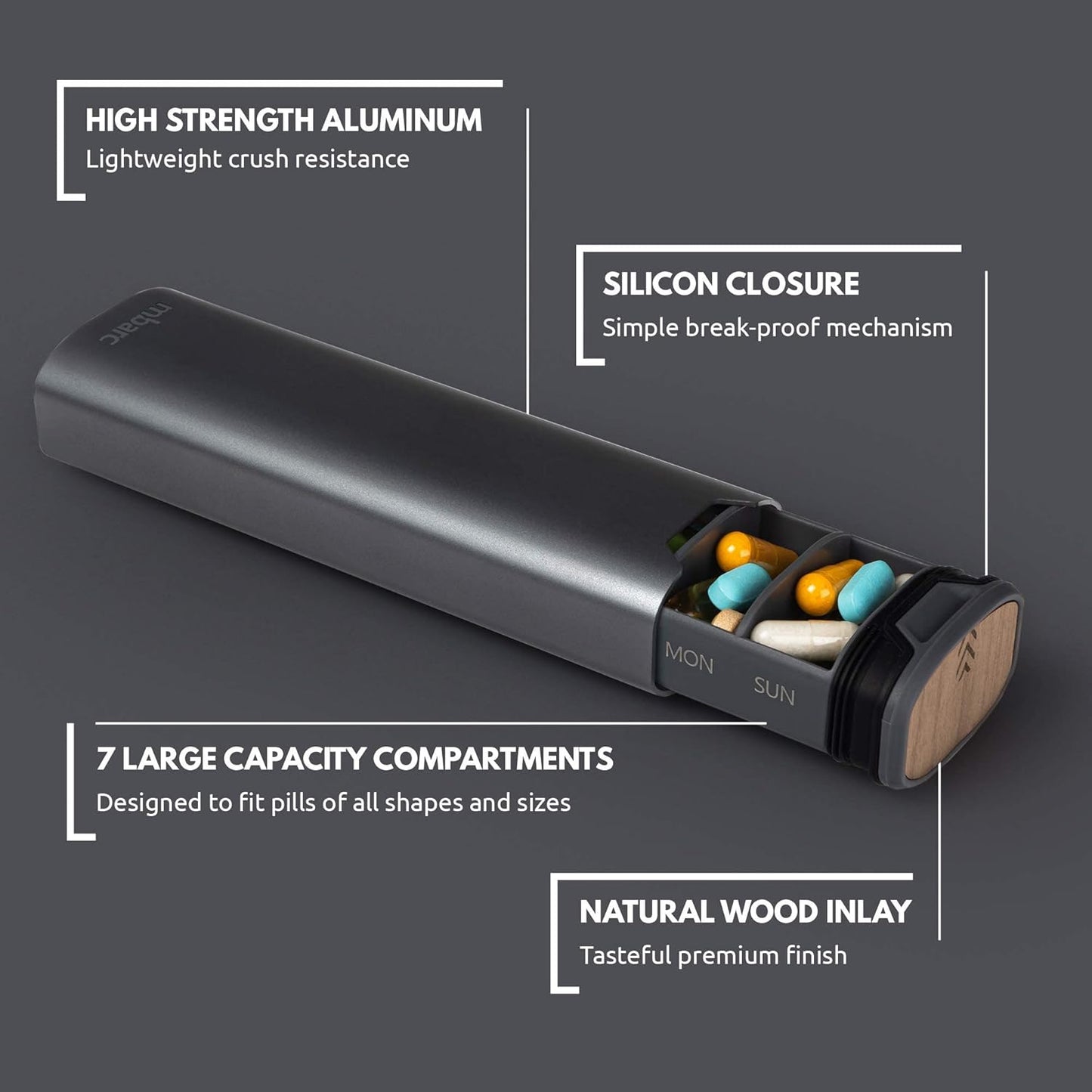 Norvo | Ukentlig pilleorganisator | Premium aluminium- og tredesign for hjem, kontor og reise
