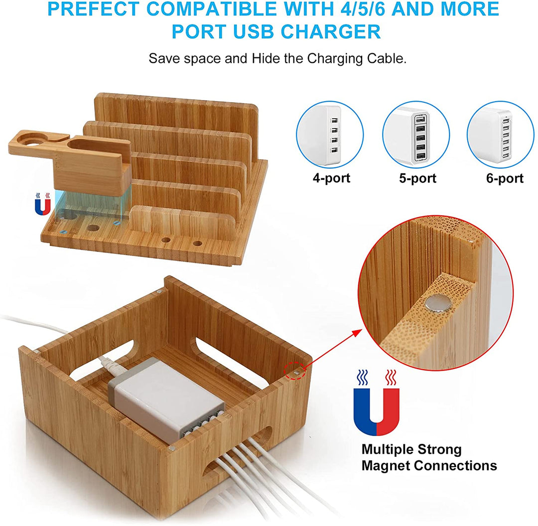 Norvo | Tekavo ChargeDock LadeStasjon laget av Bambus | 5-Port USB & Organizer | For Smarttelefon, Nettbrett & Smartklokke | Inkl. Kabelsett
