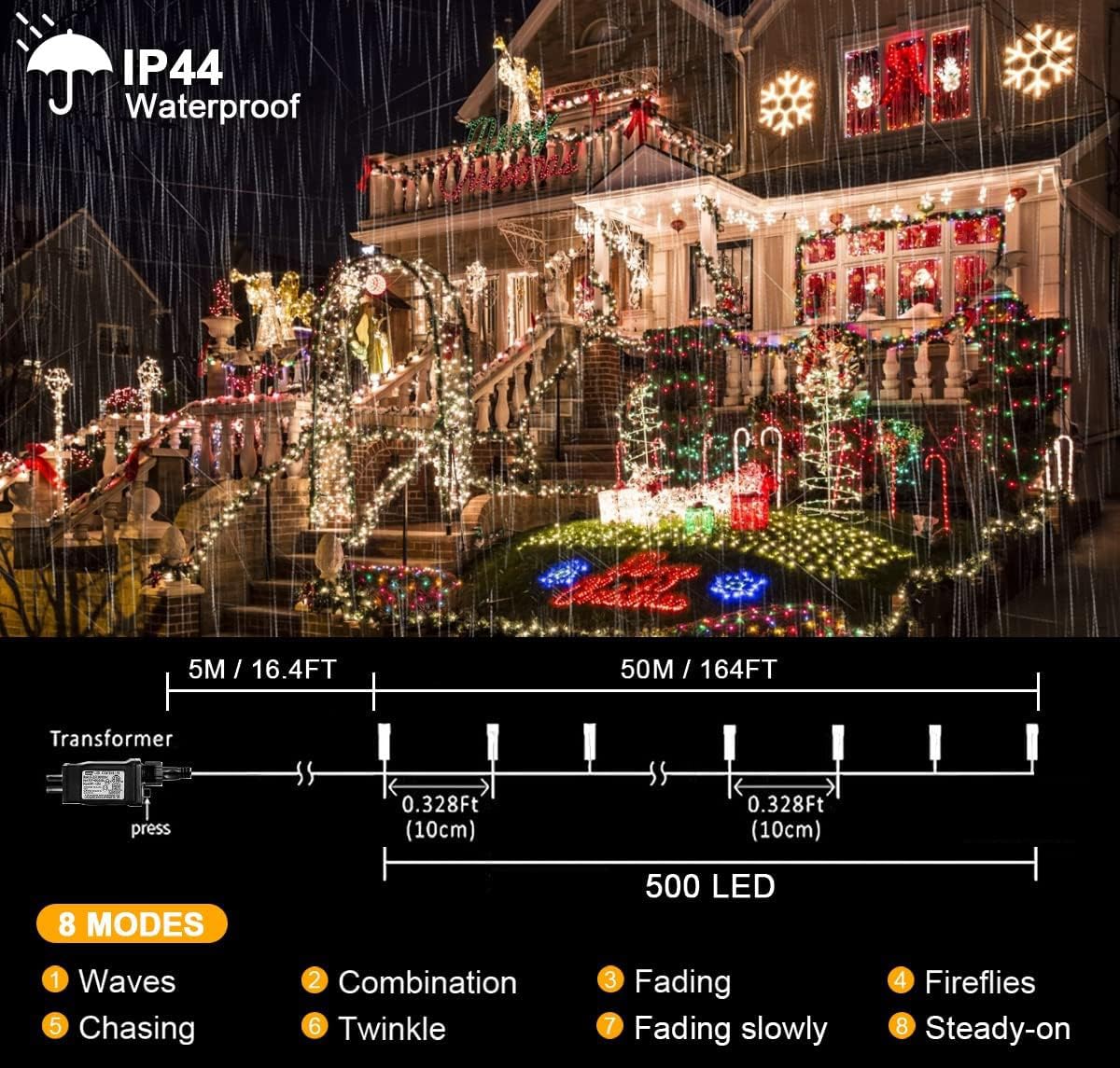 Norvo | Kemooie 500 Led Julelys, 50M Vanntette Lyslenke For Utendørs Dekor, Varme Hvit