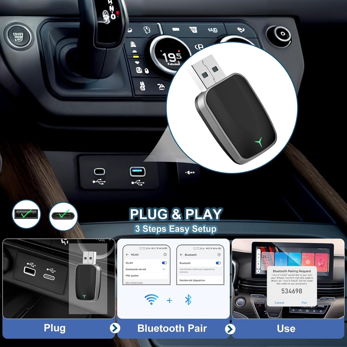 Norvo | Mini trådløs CarPlay-adapter med dual-band tilkobling og kompakt design – Novaro