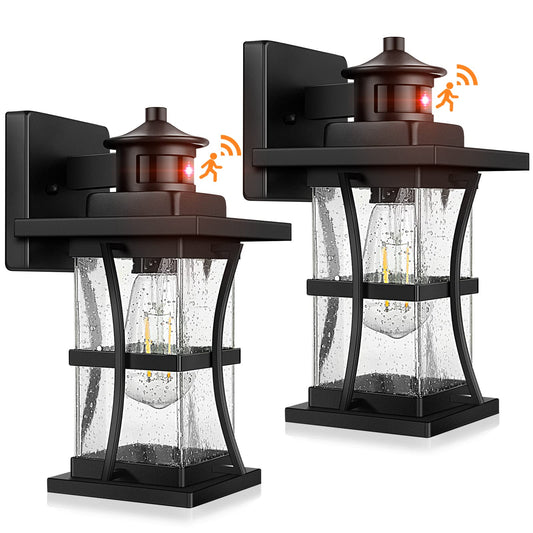Norvo | 2 Pakker Bevegelsessensor Utendørs Vegglamper - Oppgrader Dusk Til Dawn Veranda Belysning, Led Utendørs Lantern Fixture Vegglampe, Vanntett Utelys For Hus, Svart Antirust Lampe For Garasjeinntak