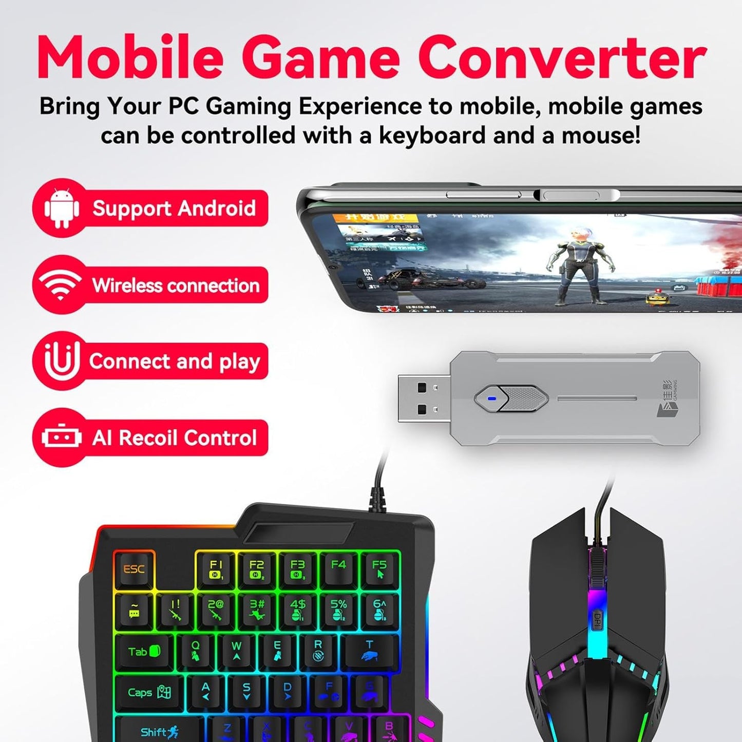 Norvo | RGB Gaming Tastatur og Mus Combo – Ergonomisk Kontroller Adapter Sett – Zyvorn
