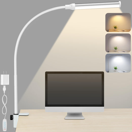 Norvo | Shinetech Led Skrivebordslampe For Hjemmekontor, Øyevennlig Skrivebordlys Med Klemme, 3 Farger Trinnløs Lysstyrke Justerbar Fleksibel Gås