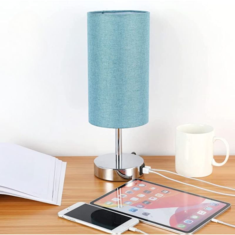 Norvo | Lampe med USB-tilkobling Berøringskontroll Bordlampe for Soverom Tre 3-trinns dimbar Sengelampe med Rund Linestoffskjerm for Stue, Studenthybel, Hjemmekontor