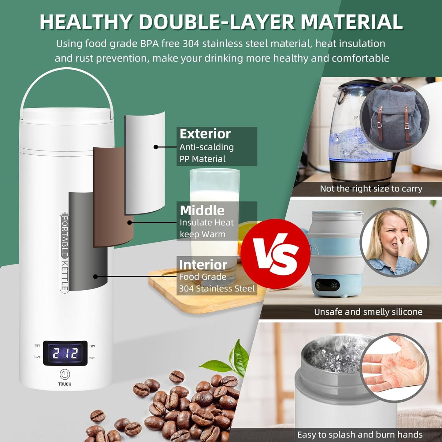 Norvo | Bærbar elektrisk reisekjele | Kompakt rustfritt stål smartkettle med LCD