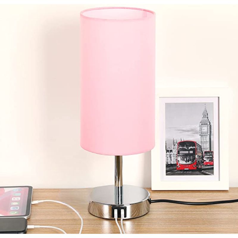 Norvo | Lampe med USB-tilkobling Berøringskontroll Bordlampe for Soverom Tre 3-trinns dimbar Sengelampe med Rund Linestoffskjerm for Stue, Studenthybel, Hjemmekontor