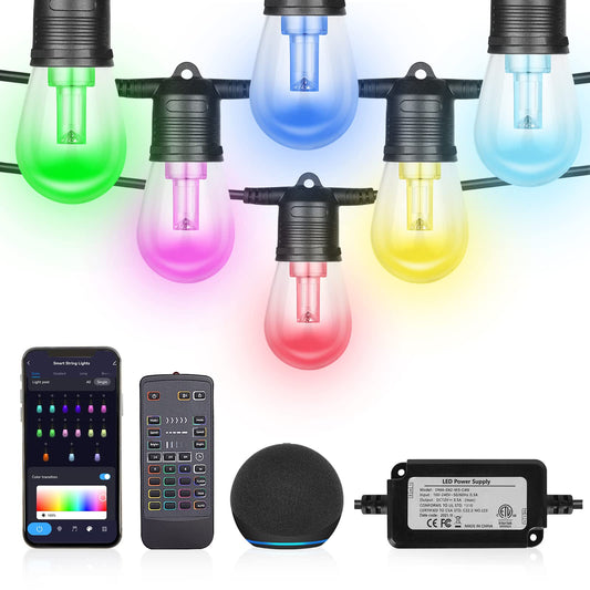 Norvo | Queker 2023 Oppgradert Utendørs String Lys, Diy Farge Skiftende Rgb Lys Sterk Smart Lys 50Ft Jobber Med Alexa & Fjernkontroll For Fest, Ip65 Vanntett Ute Patio String Lys Med 15 Dimmer Led Pærer