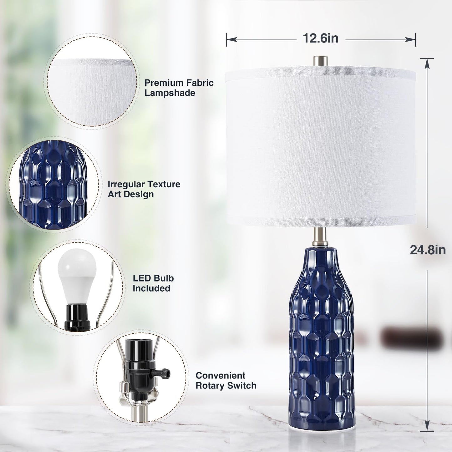 Norvo | Luvkczc 24.8&quot; Keramiske Bordlamper Sett av 2 - Marineblå, 3 Farge Temperatuurer, Bul