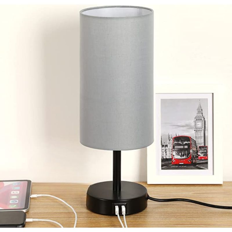 Norvo | Lampe med USB-tilkobling Berøringskontroll Bordlampe for Soverom Tre 3-trinns dimbar Sengelampe med Rund Linestoffskjerm for Stue, Studenthybel, Hjemmekontor