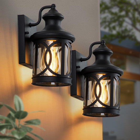 Norvo | Laplusbelle 2-Pack Utendørs Vegglamper, Veranda Lys, Vanntett Utendørs Vegglampe, Utendørs Lysarmatur Matt Svart Med Klart Glass Skjerm For Garasje Patio Foran Dør Balkong