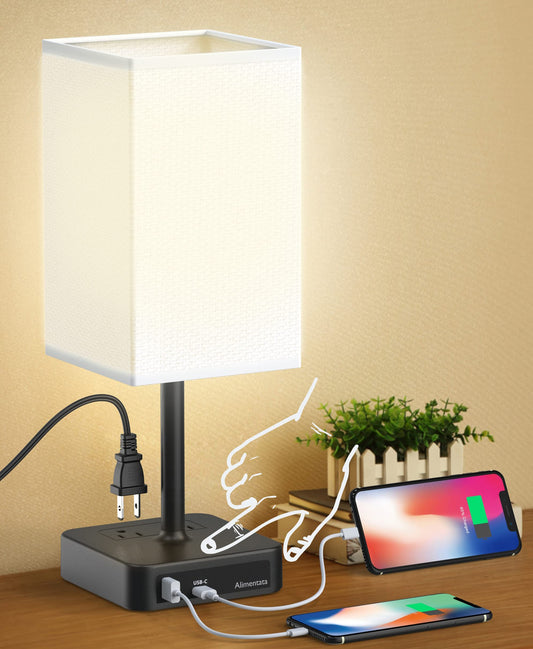 Norvo | Alimentata Berøringskontroll Kveldsbordlampe Med Usb C & Usb A Ladeport Og 2 Ac Uttak, Minimalistisk Led Skrivebordslampe Med Laderbase Hvit Stoffskjerm For Soverom/Nattbord/Kontor