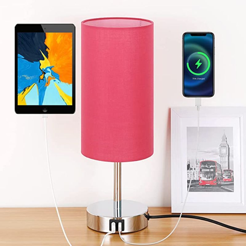 Norvo | Lampe med USB-tilkobling Berøringskontroll Bordlampe for Soverom Tre 3-trinns dimbar Sengelampe med Rund Linestoffskjerm for Stue, Studenthybel, Hjemmekontor