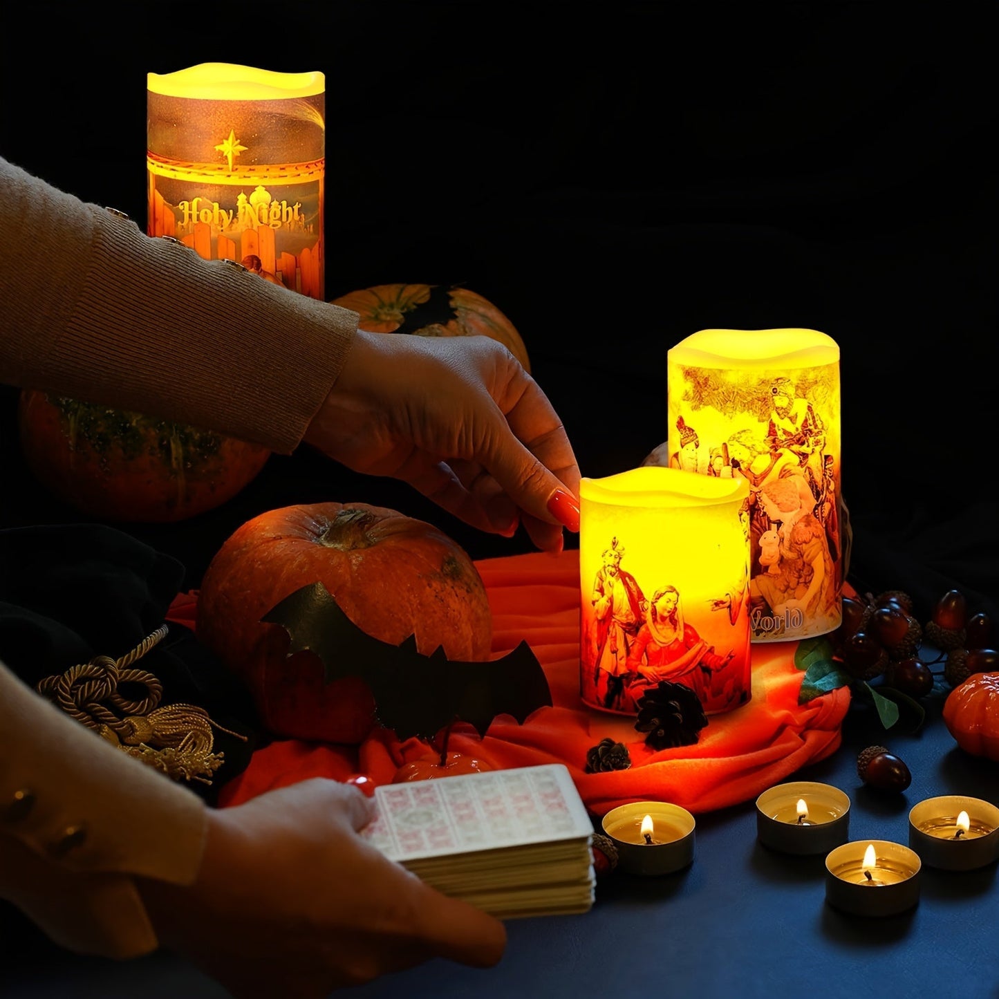 Norvo | Flameless LED Julelys – 3 stk Batteridrevne Hellig Natt Lys med Timer Som Viser Krybbescenen for En varm julehjemstemning