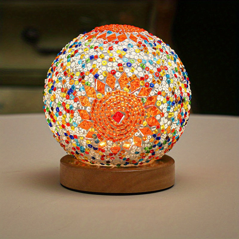 Norvo | Mosaikk glass kule bordlampe med trebase - Tyrkisk marokkansk inspirert
