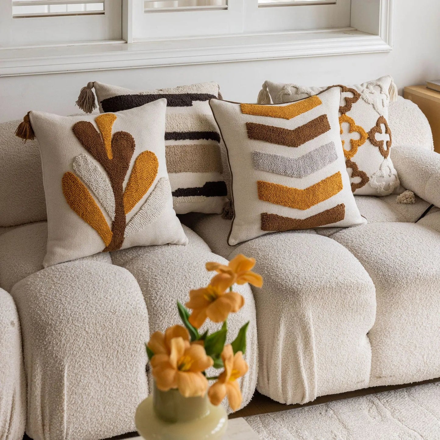 Norvo | Nordic Retro Tuftet Puteomslag – 45x45cm Gul Brun Dekorativ Pute