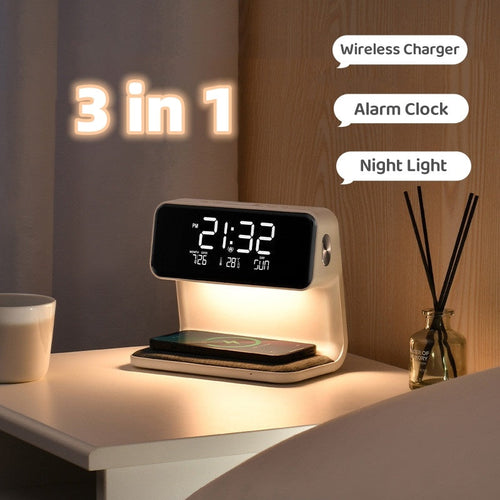 Norvo | 3-i-1 Sengelampe med Trådløs Lader – LCD Vekkerklokke & Berøringsdimmbar LED Bordlampe