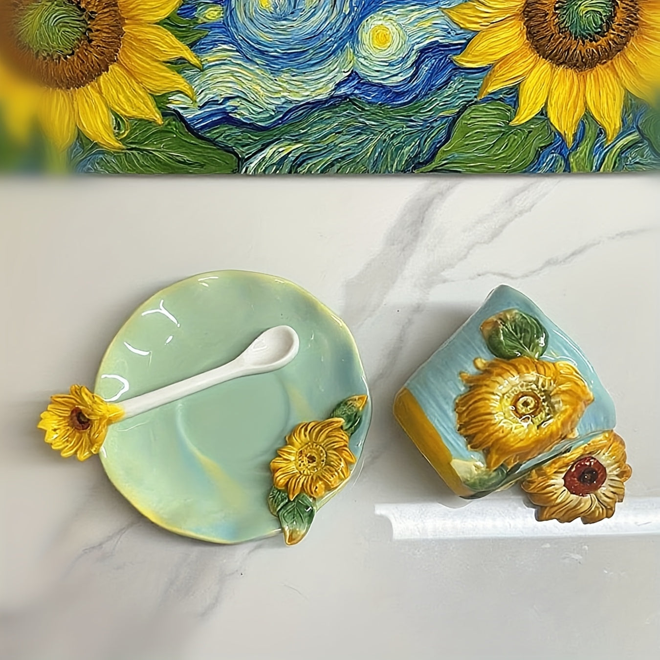 Norvo | ArtSip Keramisk Kopp & Saucer Sett – Håndmalt 3D Design inspirert av Van Gogh