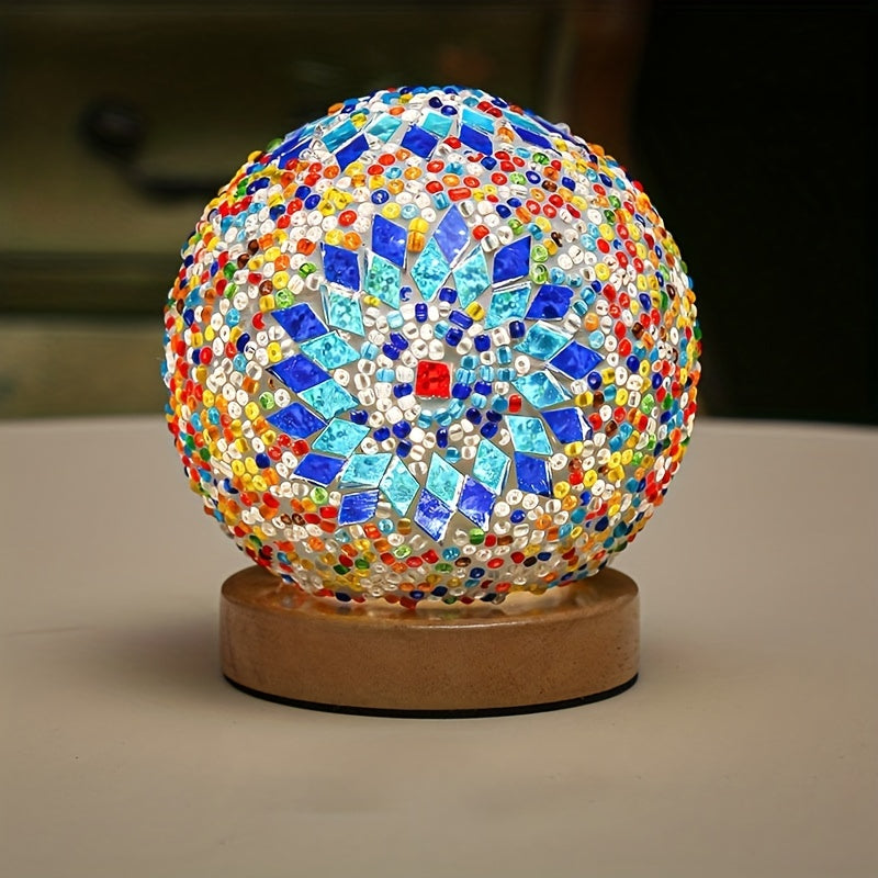 Norvo | Mosaikk glass kule bordlampe med trebase - Tyrkisk marokkansk inspirert