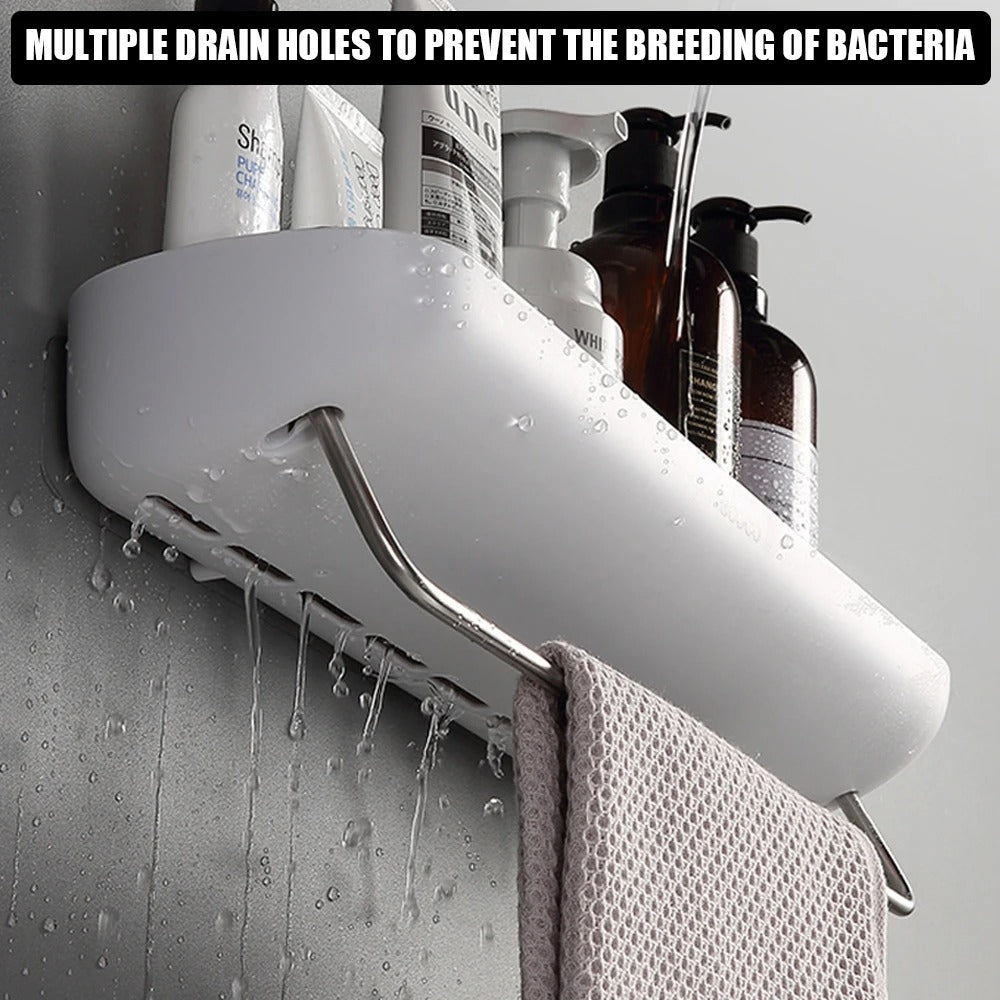 Norvo | Veggmontert dusjlagringshylle uten boring – med håndkleholder og dreneringshull