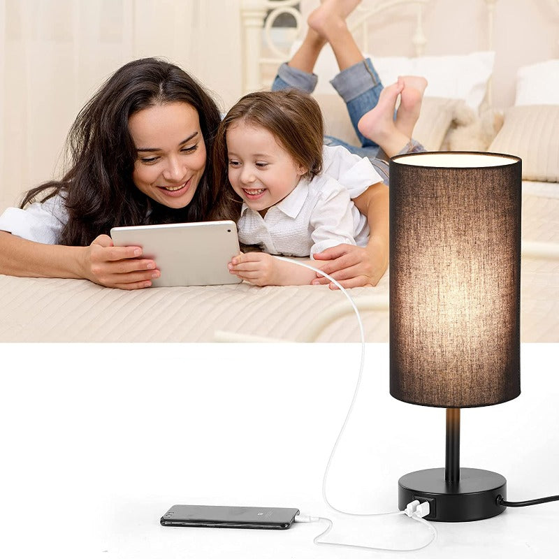 Norvo | Lampe med USB-tilkobling Berøringskontroll Bordlampe for Soverom Tre 3-trinns dimbar Sengelampe med Rund Linestoffskjerm for Stue, Studenthybel, Hjemmekontor