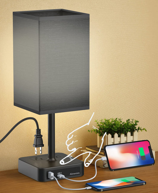 Norvo | Alimentata Touch Control Sengelampe Med Usb C & Usb A Ladeport Og 2 Ac Utganger, Minimalistisk Led Skrivebordslampe Med Laderbase Svart Stoffskaft For Soverom/Nattbord/Kontor