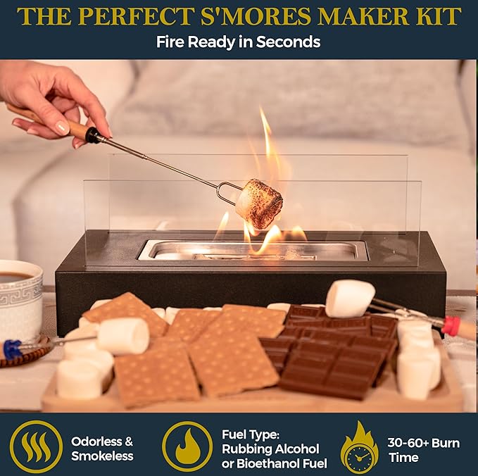 Norvo | Bordtoppepeis med s'mores-sett – bærbar mini peis for innendørs/ utendørs bruk