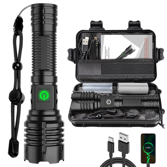 Norvo | Banral 100000 lumen oppladbart lommelampe, Ipx6 vanntett, 5 moduser, zoombar, aluminium