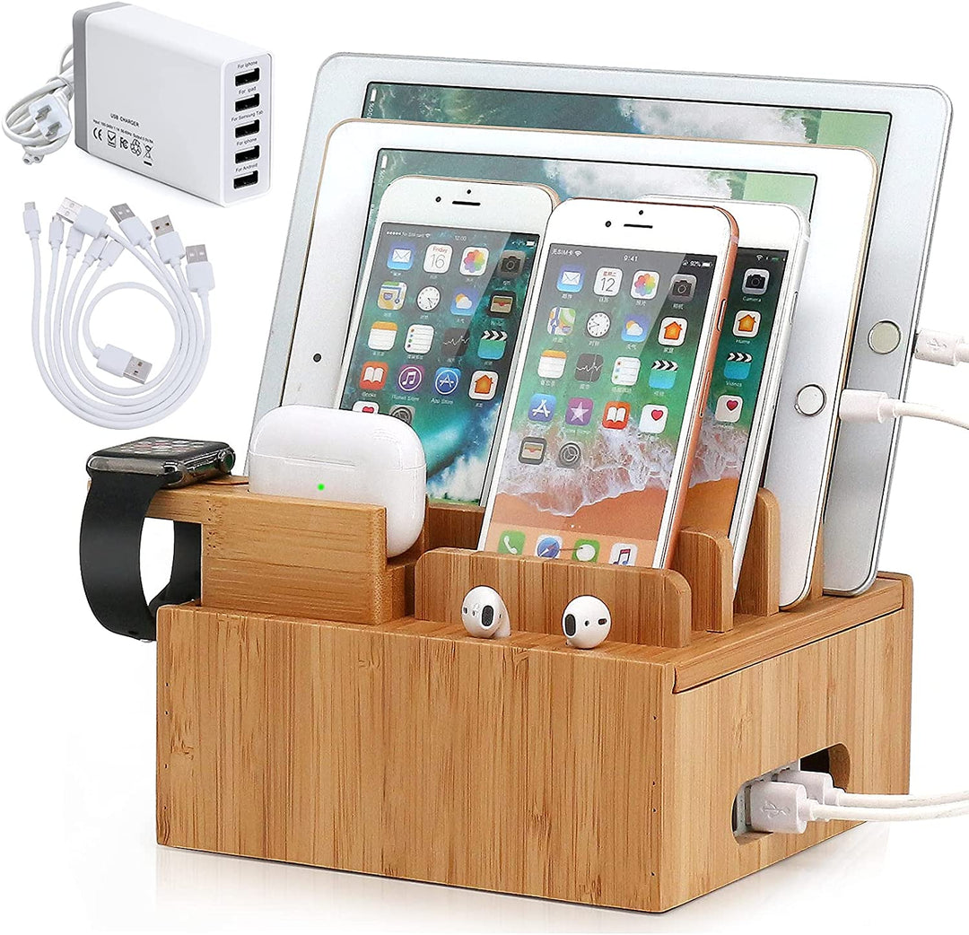 Norvo | Tekavo ChargeDock LadeStasjon laget av Bambus | 5-Port USB & Organizer | For Smarttelefon, Nettbrett & Smartklokke | Inkl. Kabelsett