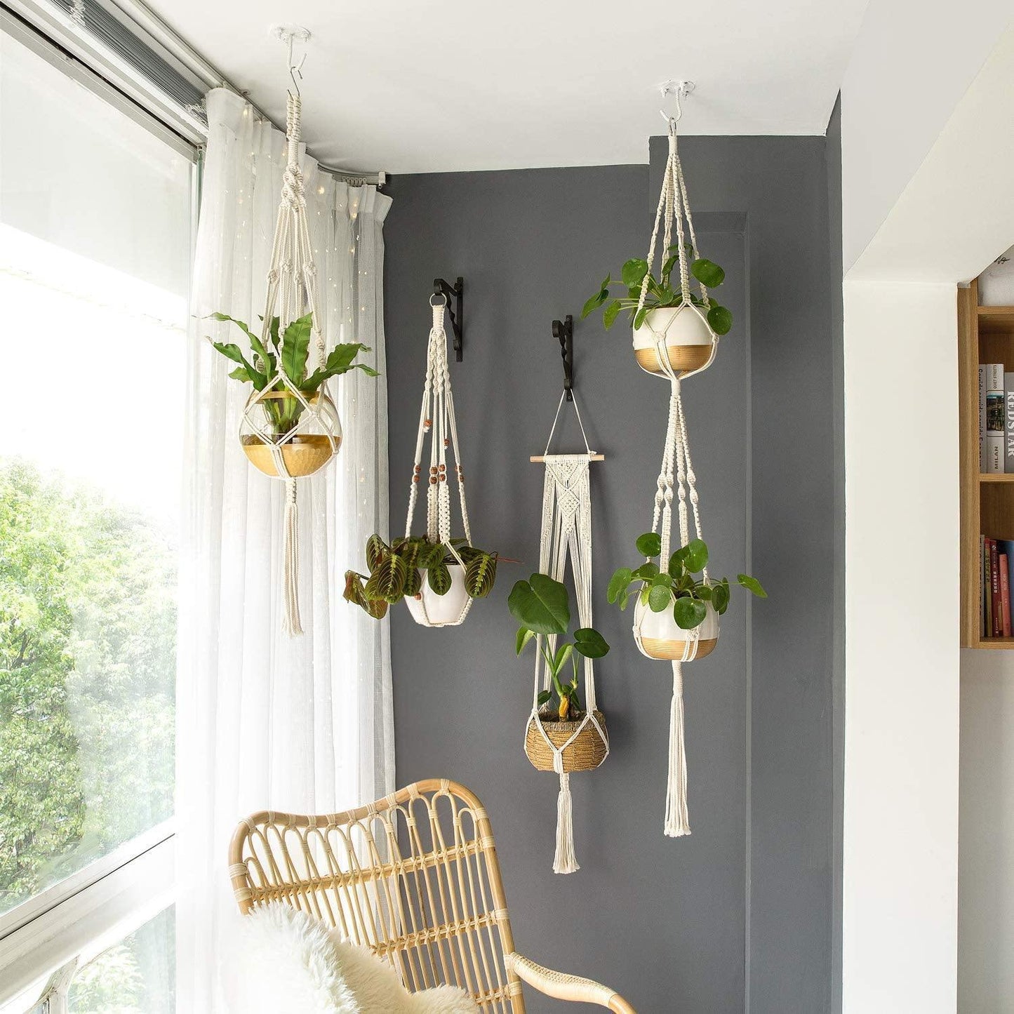 Norvo | 4-delt håndlaget Boho makramee planteholder sett