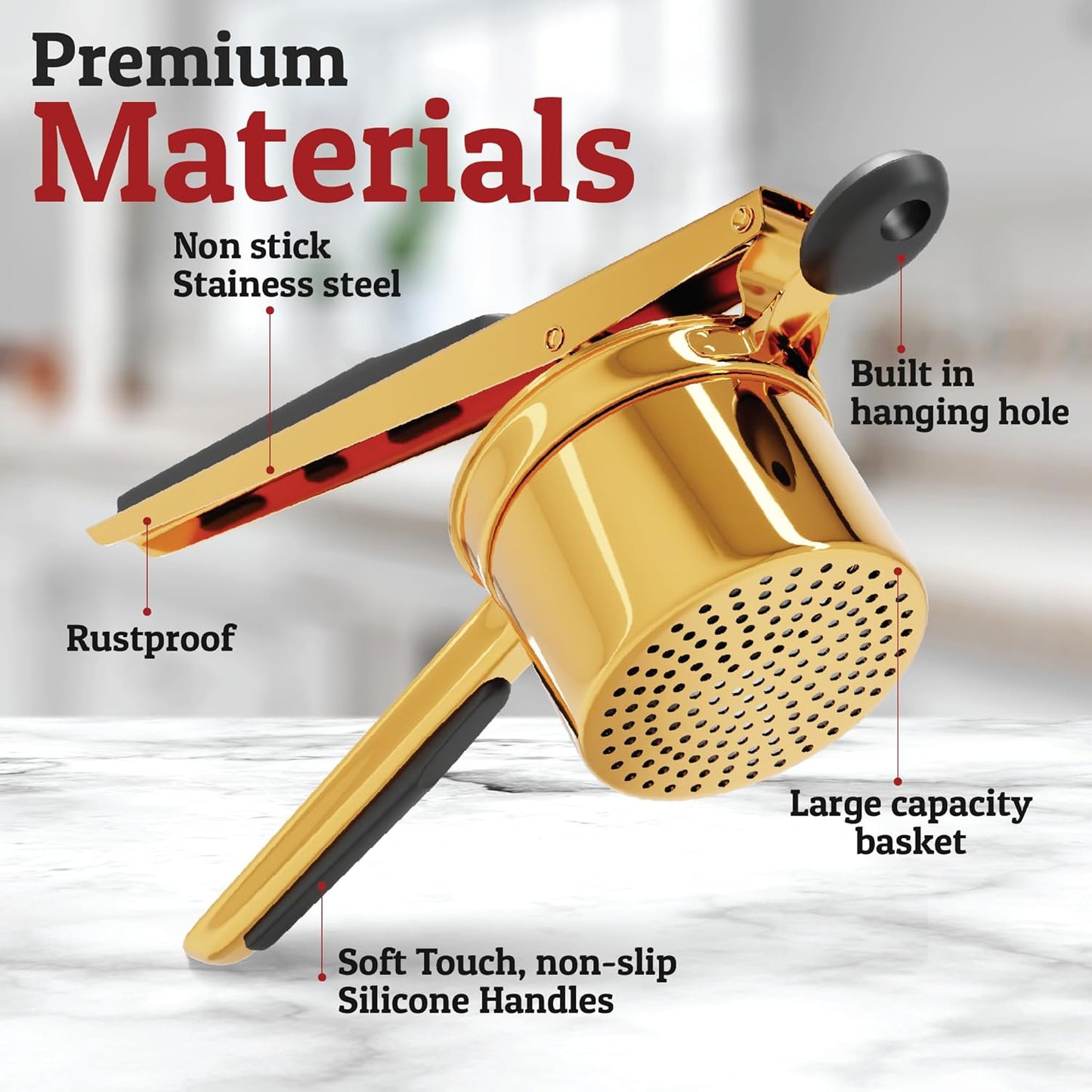 Norvo | PureMasher Pro Rustfritt Stål Potetmoser 15oz | Ekstra Stor Kapasitet | For Potetmos, Grønnsaker & Frukt | Klumpfri & Holdbar