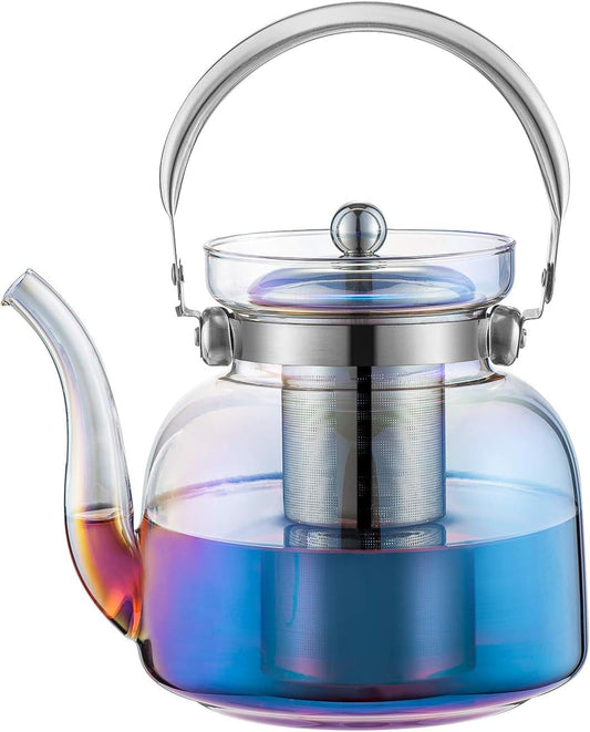 Norvo | 50 Oz(1500Ml) Glass Teapot with Lid, Removable Stainless Steel Tea Strainer and Handle, Stovetop Safe Tea Maker for Blooming and Loose Leaf Tea (Iridescent)