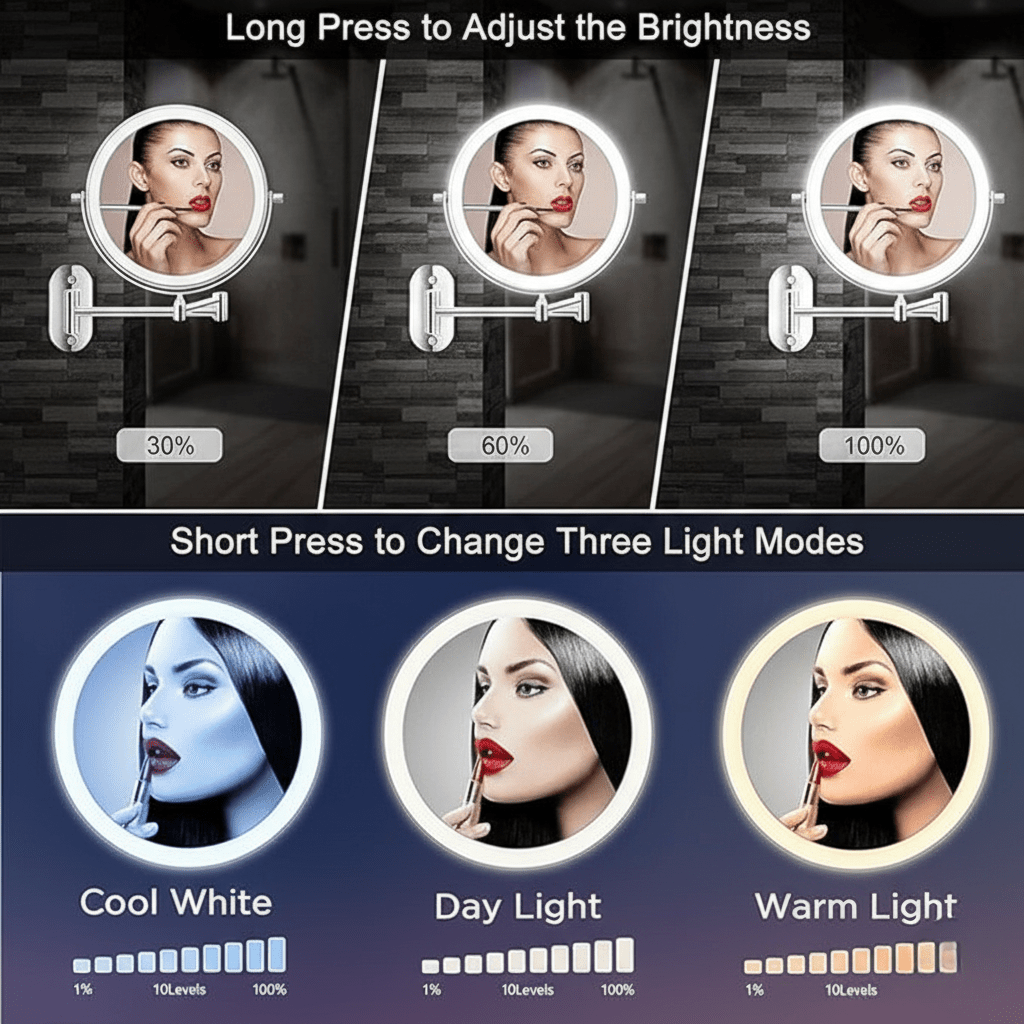 Norvo | LED Forstørrelsespeil med Justerbart Lys og Oppladbart Batteri