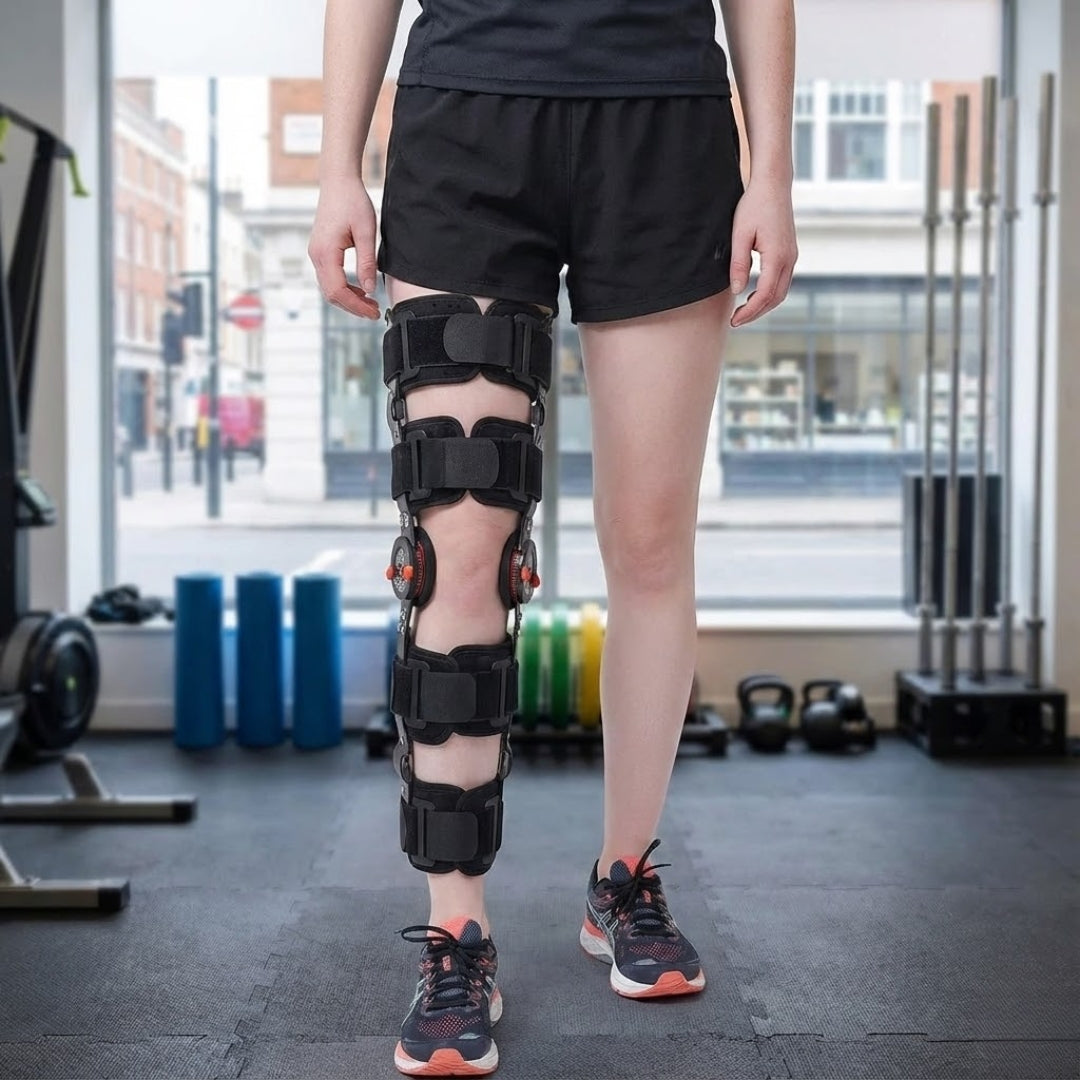 Justerbar benstabilisator – Polstret mykt stoff – Smertelindring, rehabilitering og hverdagsbevegelse Norvo