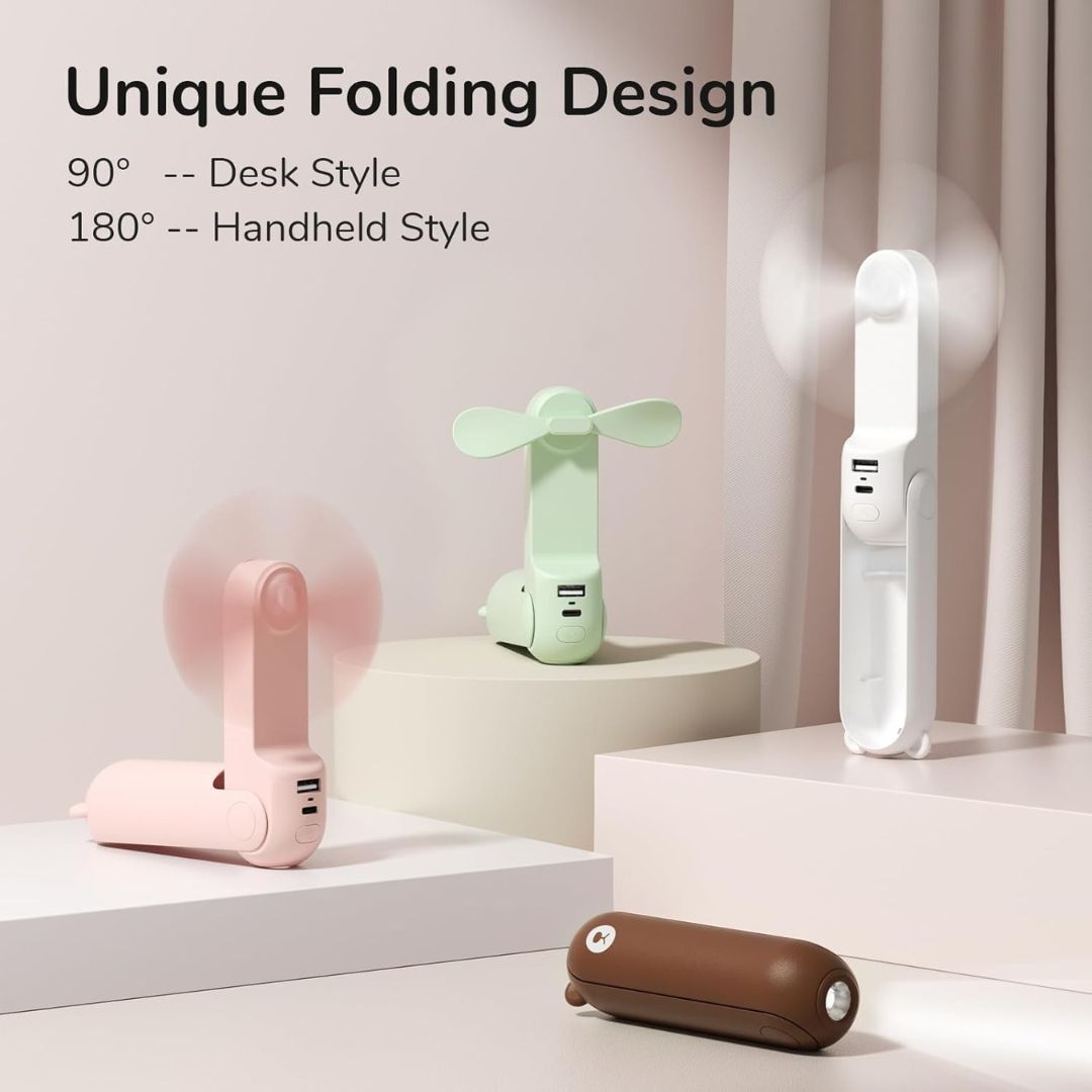 Norvo | 3 I 1 Håndholdt Mini Vifte | USB Oppladbar, Sammenleggbar Design & Ideell for Reise, Camping og Utendørsaktiviteter