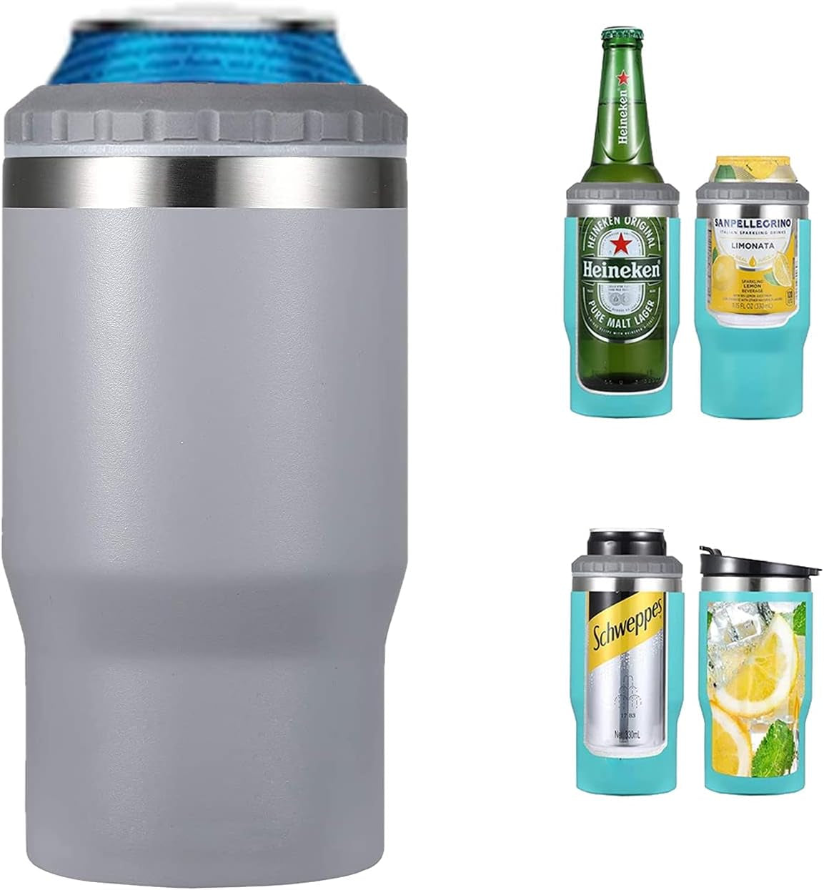 Norvo | 4 i 1 rustfritt stål boks/flaske isolator, 14Oz toveis lokk SUS isolert boks kjøler, ølboksholder (Svart)