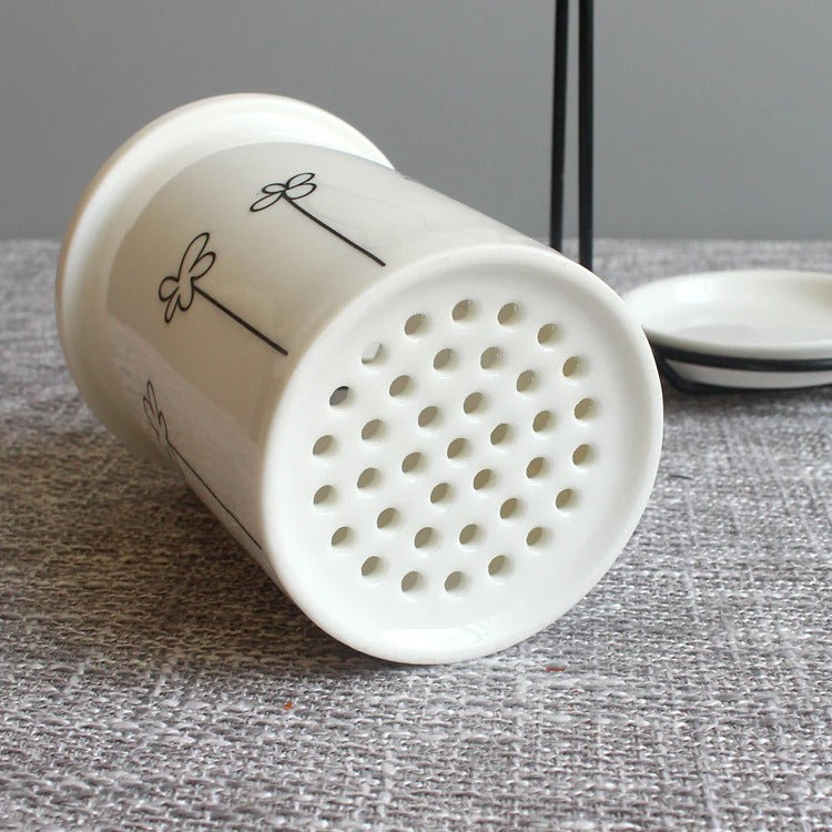 Norvo | Keramisk spisepinne- og redskapsoppbevaringssett med avrenningsstativ