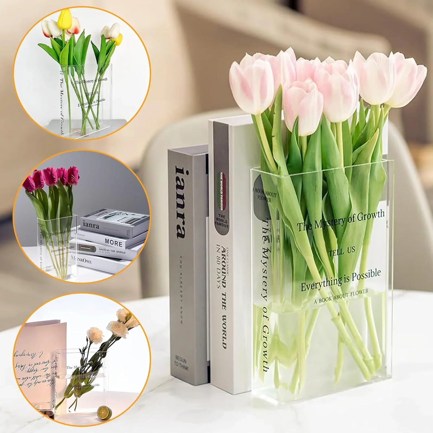 Norvo | Moderne Klar Akryl Bok Vase – Gjennomsiktig, Kreativ Blomster Vase