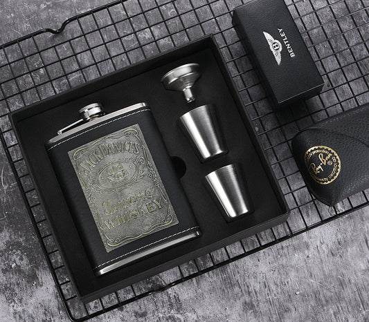 Norvo | 8oz Whisky Flaske laget av Rustfritt Stål Alkohol Trakt Hofteflaske Brodert Gull Silke Stoff Emballasje Gaveeske Sett