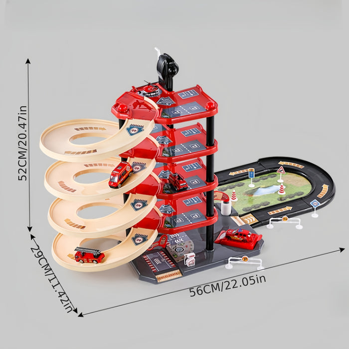 Norvo | FirePark Garasje Lekesett - Flere Nivåer med Brannbiler og Trafikkskilt for Eventyrlystne Barn