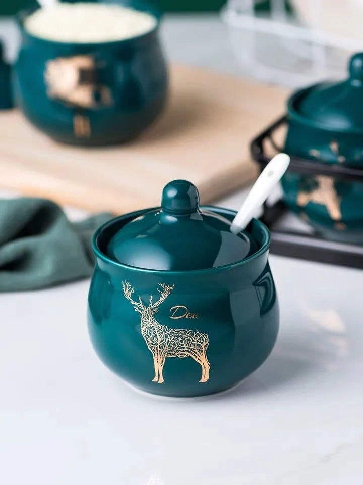 Norvo | Kreativ nordisk stil lett luksus smaragd keramisk krydderkrukke sett