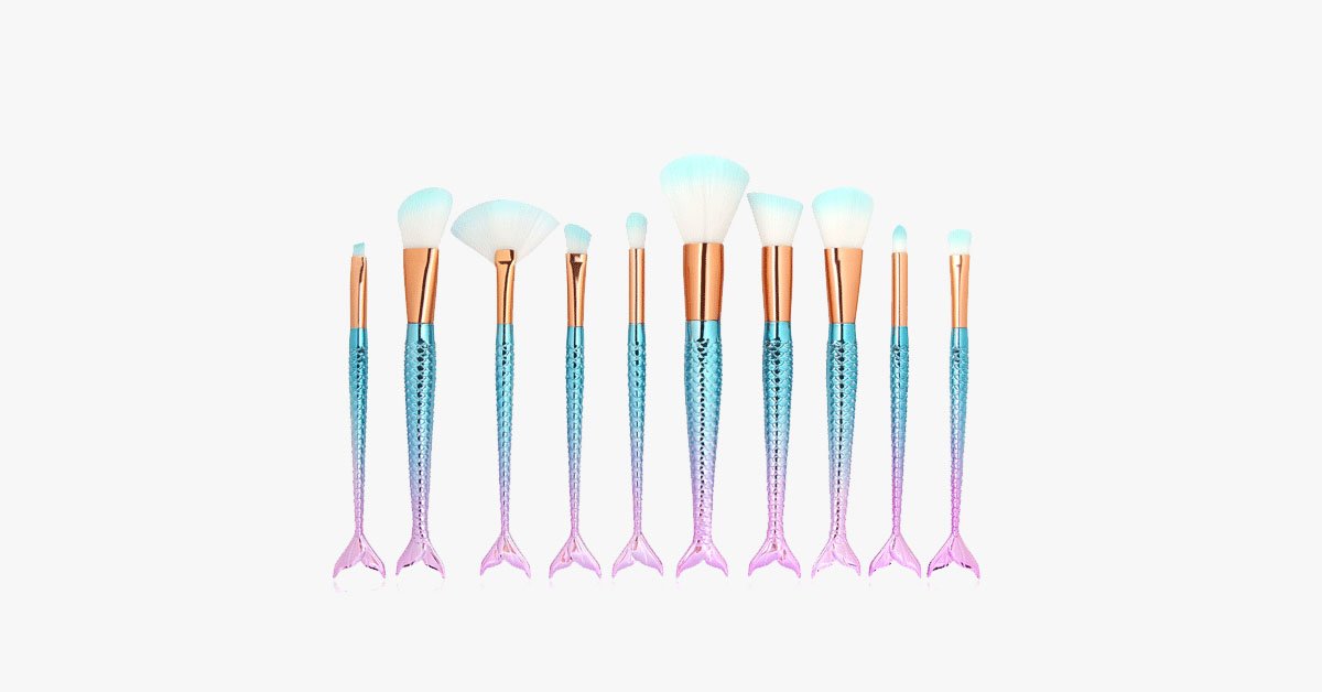 Norvo | Havfrue Sminkekostsett med GRATIS Konturkost - Profesjonell Kosmetikkost for Øyenskygge, Eyeliner, Rouge & Concealer