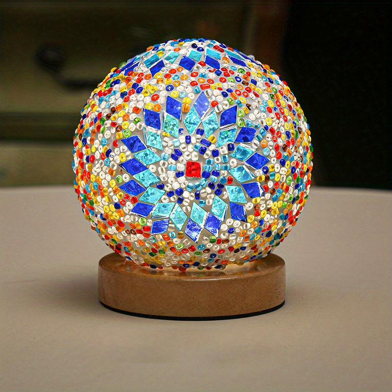 Norvo | Mosaikk glass kule bordlampe med trebase - Tyrkisk marokkansk inspirert