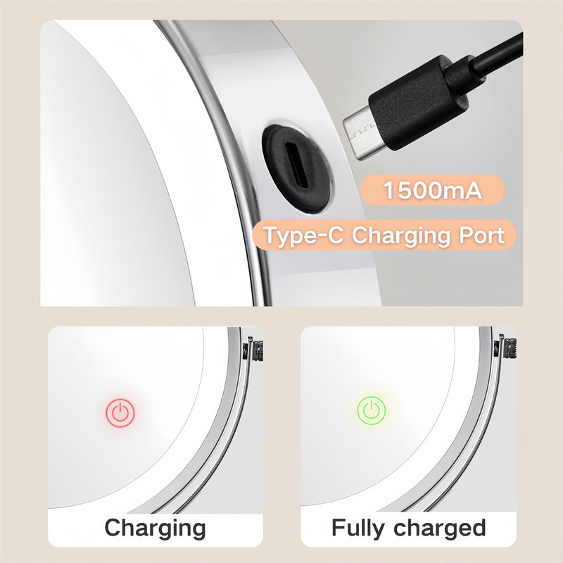 Norvo | Oppladbar veggmontert barberingsspeil | 360° rotasjon. 1X/10X forstørrelse og justerbar LED-belysning for bruk på badet