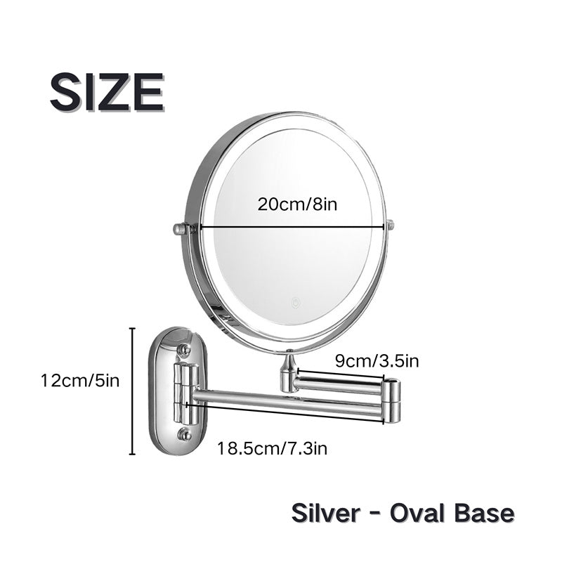 Norvo | Oppladbar veggmontert barberingsspeil | 360° rotasjon. 1X/10X forstørrelse og justerbar LED-belysning for bruk på badet