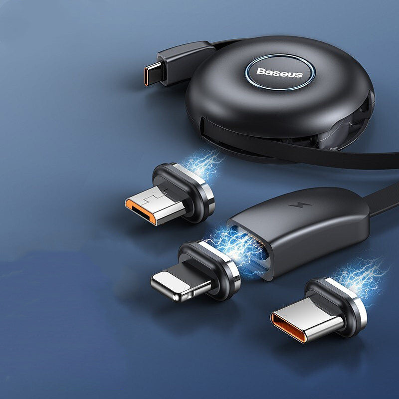Norvo | 3-i-1 Bærbar Strekkbar USB-C Ladekabel, med Magnetiske Koblede (USB-C, Lightning & Micro), for Telefon, Nettbrett & Mer