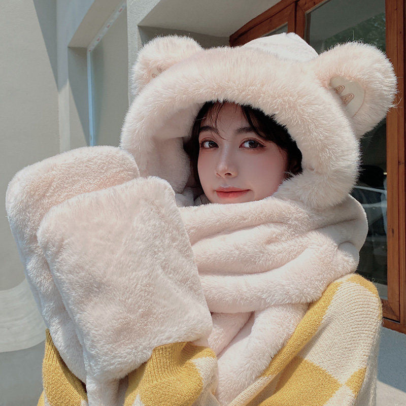 Norvo | 3-i-1 Cure Plush Bear Øre Vinterlue med skjerf og hansker