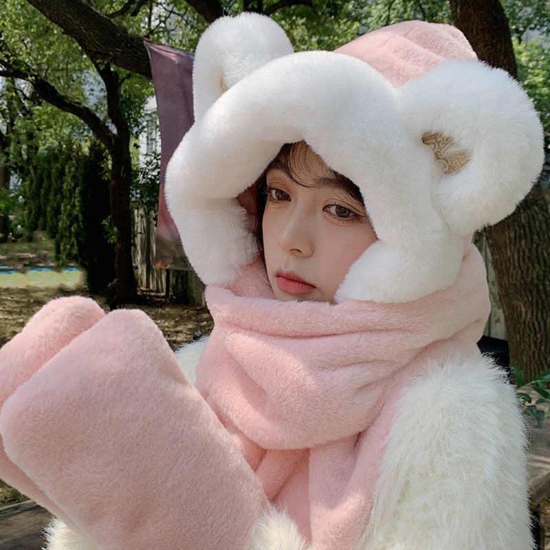 Norvo | 3-i-1 Cure Plush Bear Øre Vinterlue med skjerf og hansker