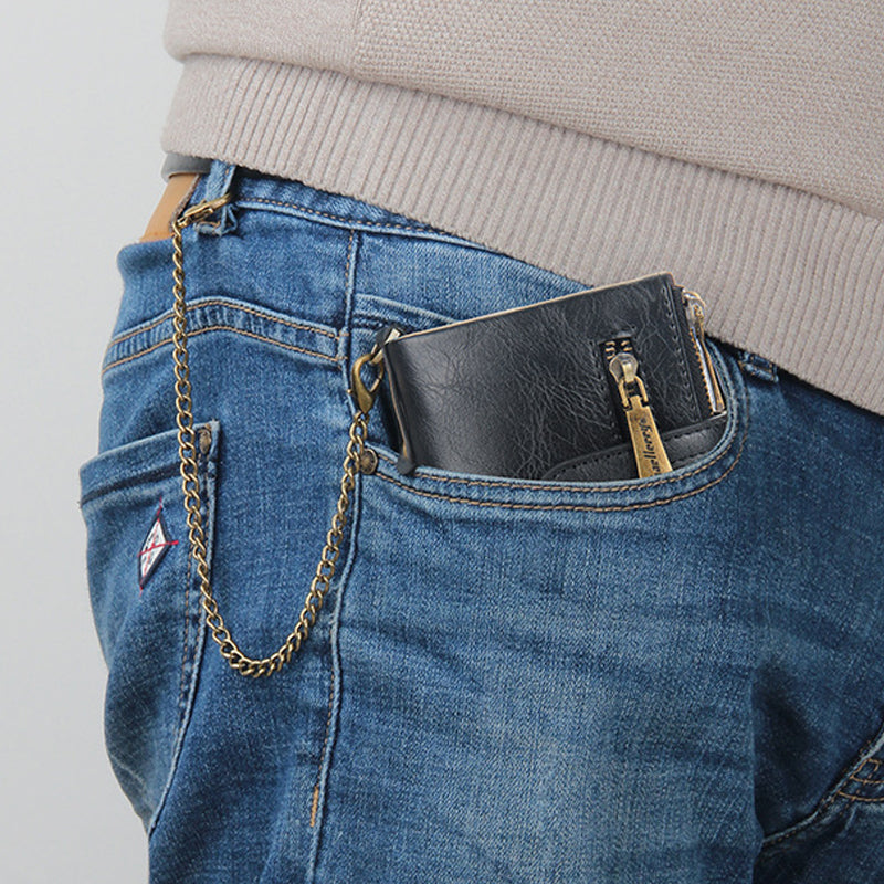 Norvo | Men’s RFID-lommebok med kjede, retro bifold kortholderlommebok